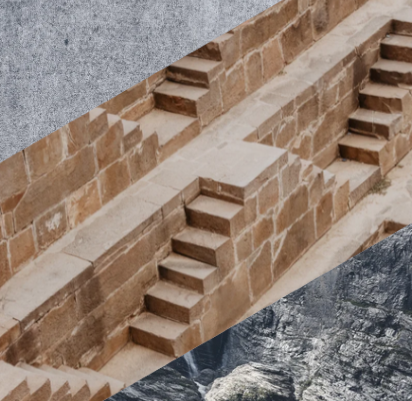 Diagonal geteiltes Bild mit Naturstein-Stufen, Felslandschaft unten und Betonfläche oben.